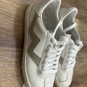 Stuart Weitzman White Sneakers with Gold Glitter Chevron